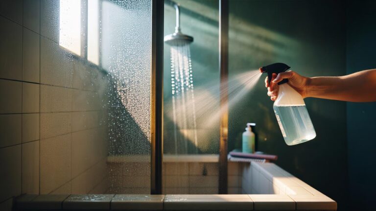 Illustration of a hand using a white vinegar spray bottle to mist a glass shower door, preventing mineral film and limescale buildup.