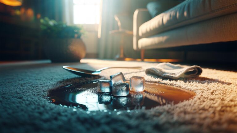 Illustration of ice cubes melting on a dented carpet to lift and fluff the fibres