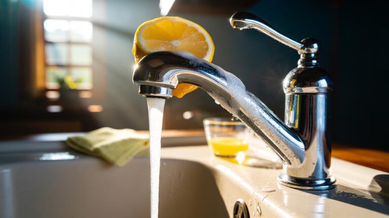 Illustration of lemon juice’s citric acid dissolving limescale on a dull chrome tap