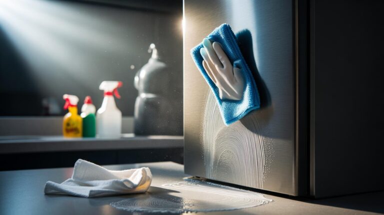 Illustration of a microfibre cloth trapping dust and allergens on a surface while a cotton cloth pushes debris and leaves streaks