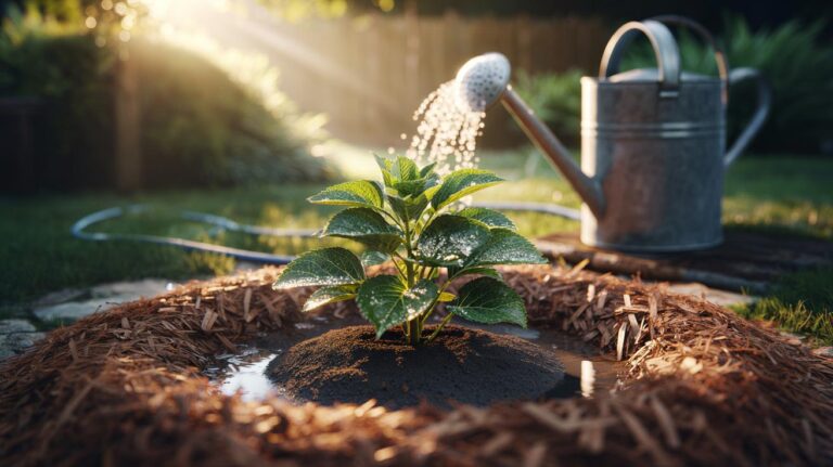Illustration of a single layer of mulch covering garden soil around plants to lock in moisture and reduce watering needs