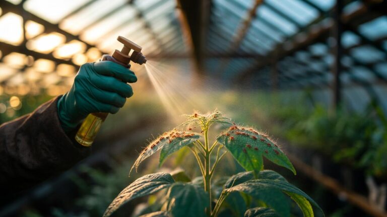 Illustration of neem oil being sprayed onto the undersides of plant leaves to smother spider mites as part of professional IPM