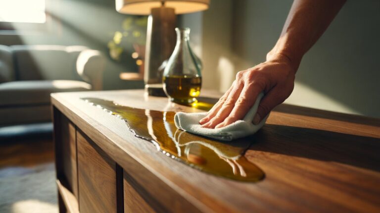 Illustration of [a hand polishing wooden furniture with a soft cloth and a small amount of olive oil, restoring a natural sheen]