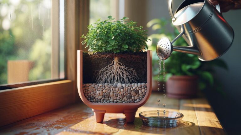 Illustration of a cutaway pot with a pebble drainage layer at the base, mesh-covered drainage holes, airy potting mix, and healthy roots
