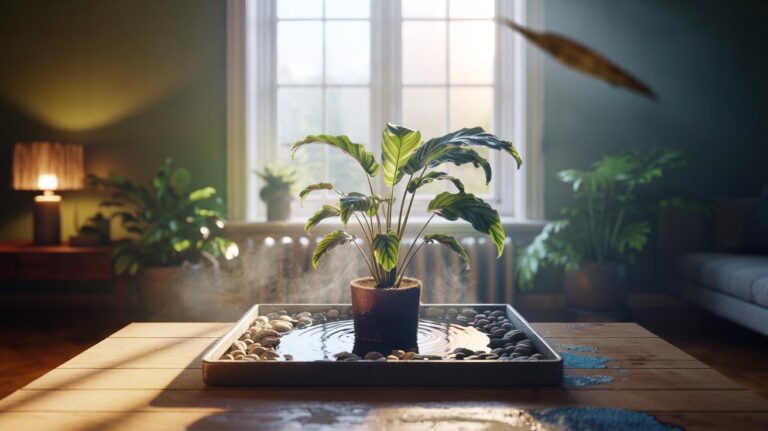 Illustration of a potted tropical houseplant set on a water-filled pebble tray to boost humidity