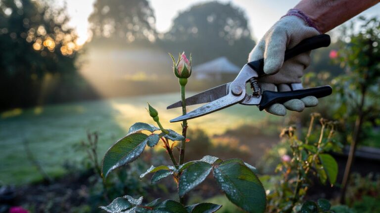 Illustration of a gardener pruning a plant in the early morning to accelerate recovery and stimulate growth