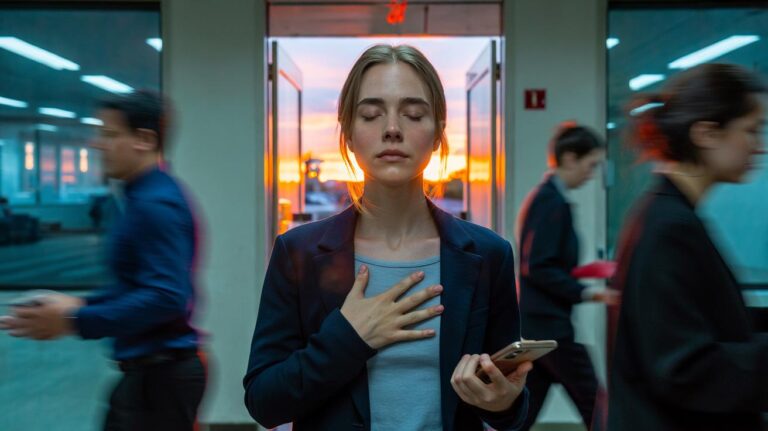 Illustration of a person practicing a one-minute check-in—pausing to label emotions, breathe, and choose one small next step to prevent emotional burnout