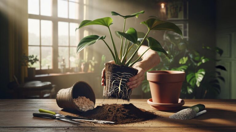 Illustration of annual repotting of an indoor houseplant with fresh soil to prevent disease