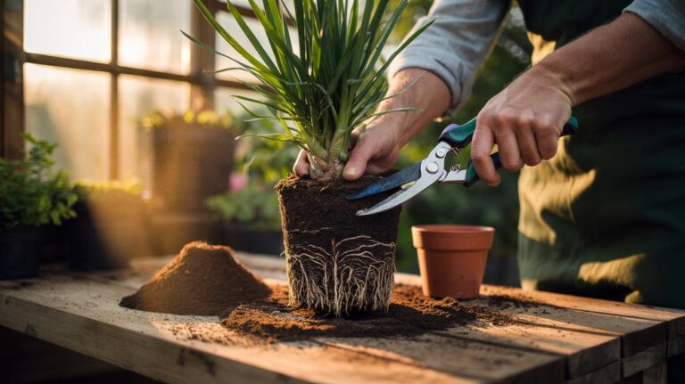 Illustration of hands root-pruning a pot-bound plant, trimming circling roots and refreshing the compost