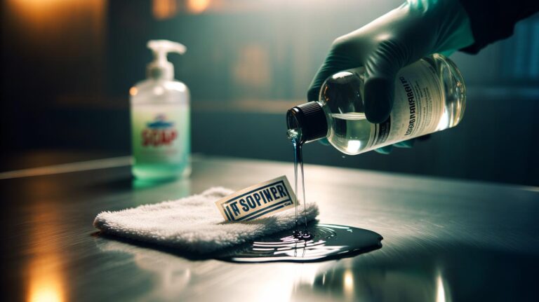 Illustration of isopropyl rubbing alcohol removing sticky label residue from a surface, preferred by professionals over soap