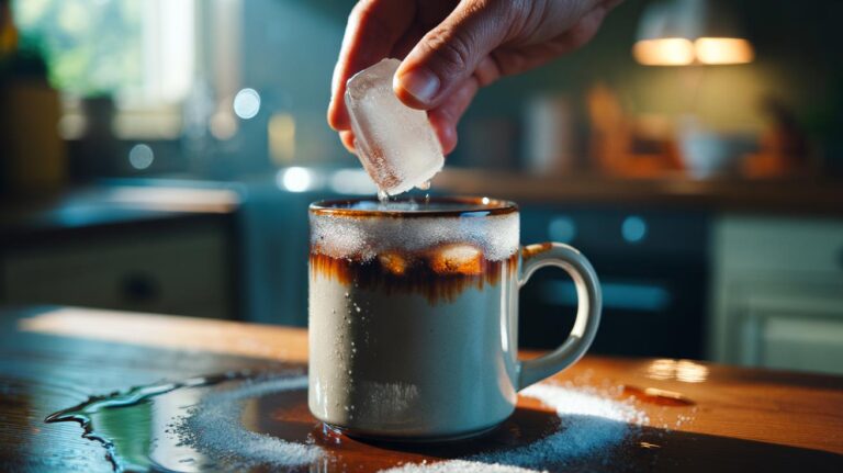 Illustration of a hand swirling ice cubes with salt inside a stained ceramic mug to remove coffee and tea marks through friction