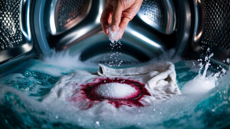 Illustration of salt grains being sprinkled into a washing machine drum with laundry to enhance detergent and lift stains