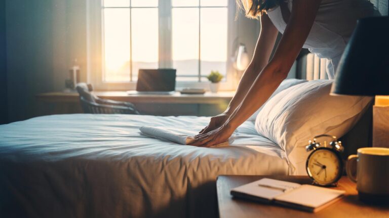 Illustration of a person making their bed in the morning to boost daily productivity
