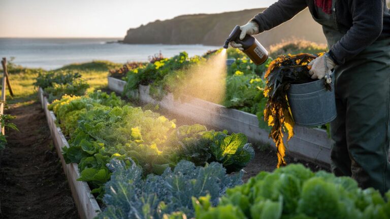 Illustration of liquid seaweed feed being applied to vegetable crops to boost growth with ocean-derived nutrients