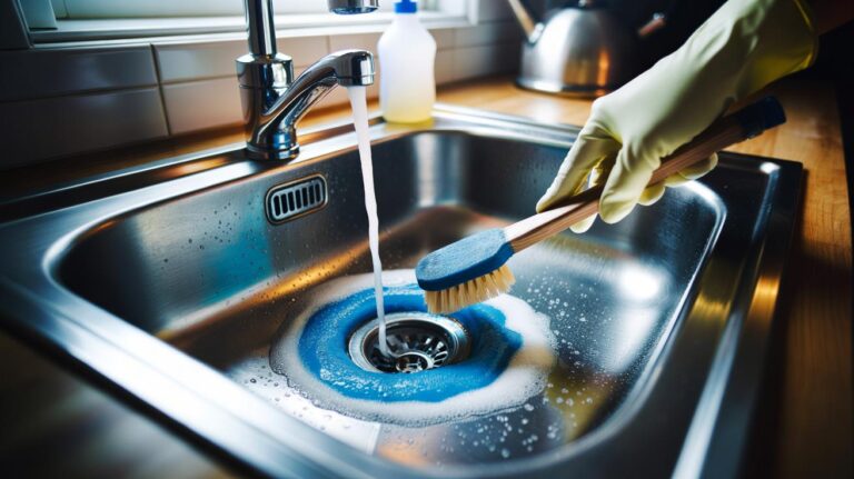 Illustration of salt and washing-up liquid being scrubbed around a sink drain, with grains and suds removing greasy buildup and restoring flow