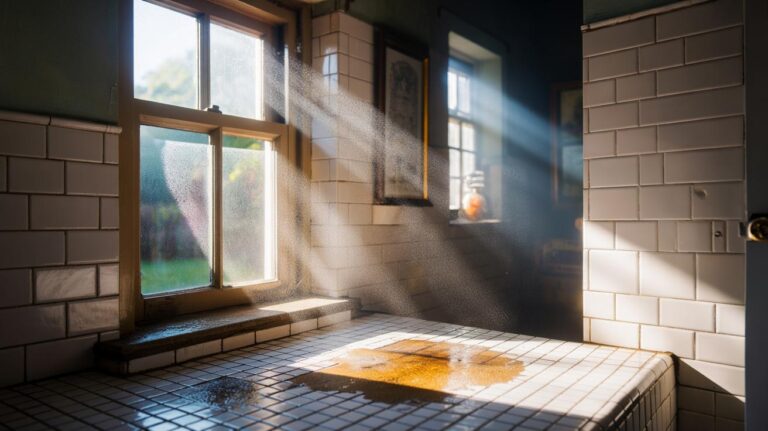 Illustration of sunlight streaming into a bright room, drying damp surfaces and reducing indoor mould spores