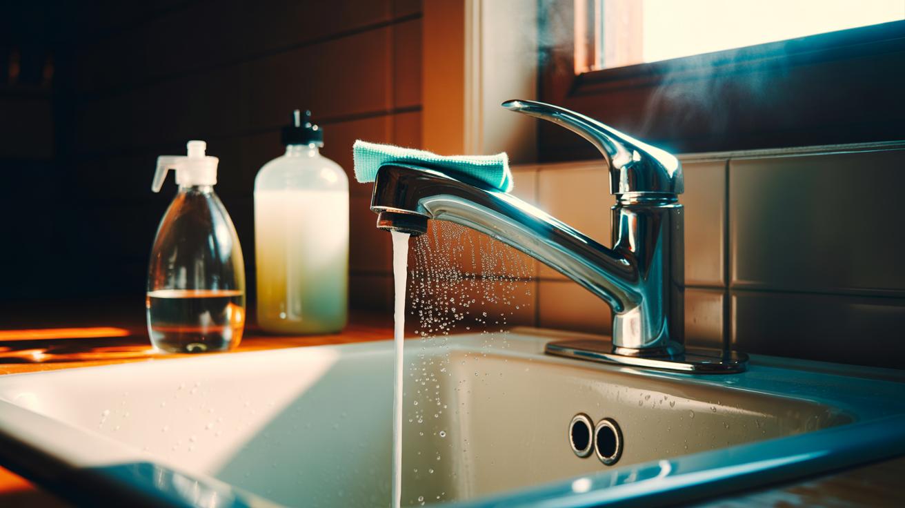 Illustration of white vinegar being used to clean a chrome tap, removing limescale for a shiny finish