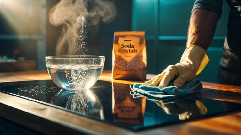 Illustration of soda crystals (washing soda) dissolved in hot water and used to remove kitchen grease and household grime