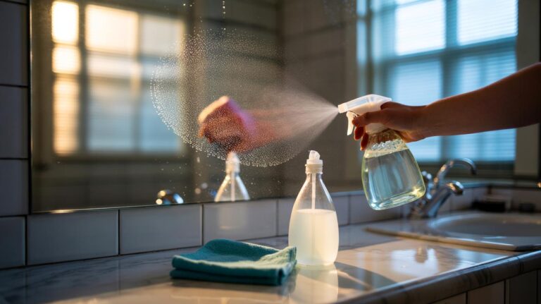 Illustration of white vinegar in a spray bottle and a microfibre cloth being used to clean a bathroom mirror to a streak-free finish