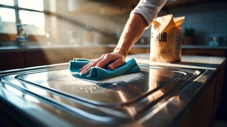 Illustration of plain flour being used to polish a stainless-steel sink with a microfibre cloth