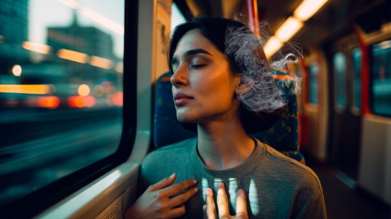 Illustration of a person practising the 3-second breathing trick to calm racing thoughts