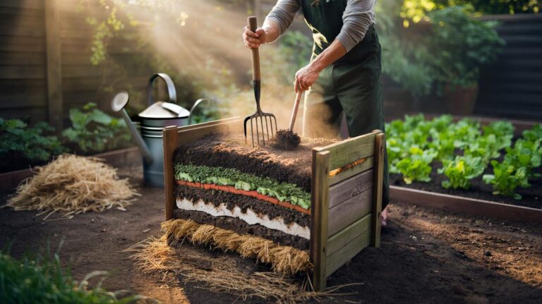 Illustration of the three-step compost layering system gardeners use for nutrient-rich soil