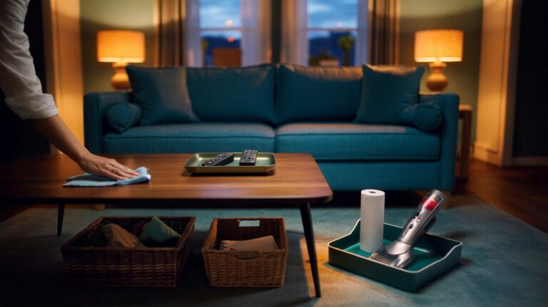 Illustration of a 5-minute nightly living room reset: clearing surfaces, a two-basket sweep, plumping cushions, and quick micro-clean touches under warm evening light