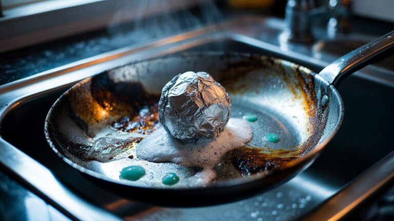 Illustration of a crumpled aluminium-foil ball scrubbing burnt-on residue from a stainless steel pan
