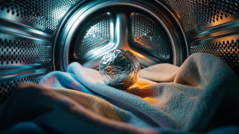 Illustration of an aluminium-foil dryer ball tumbling with laundry in a clothes dryer to reduce static and soften fabrics
