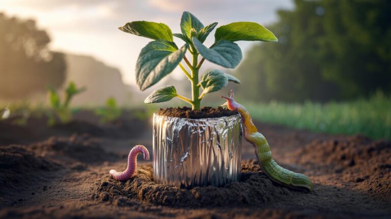 Illustration of an aluminium-foil ring wrapped around a seedling stem at soil level, creating a collar barrier to stop pests chewing through the stem