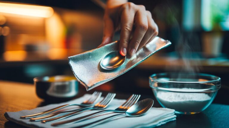 Illustration of aluminium foil gently polishing stainless and silver cutlery to restore a mirror polish