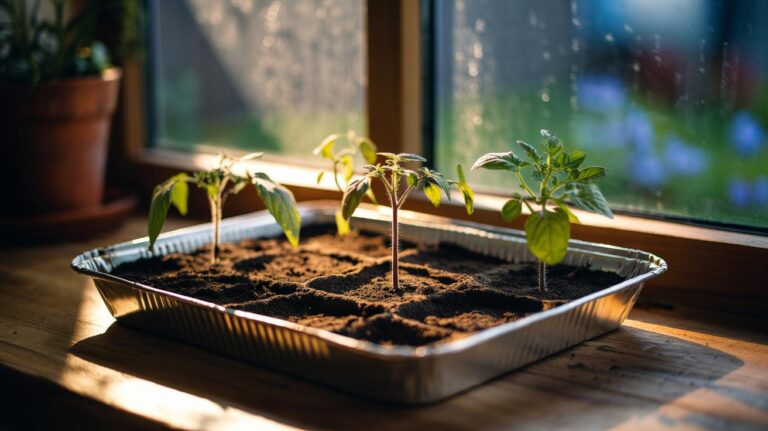 Illustration of seedlings in pots placed on an aluminium tray reflecting light and heat to warm the soil