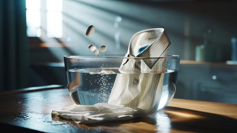 Illustration of aspirin tablets dissolving in warm water with a white cotton shirt, showing salicylic acid breaking down yellowing on the fabric.