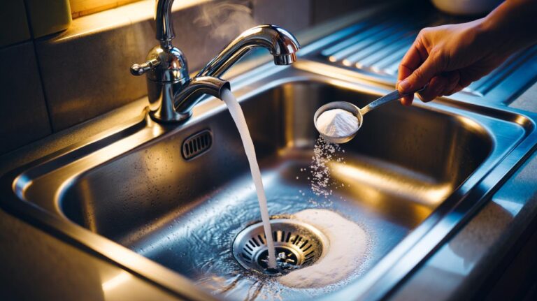 Illustration of baking soda being added to a sink drain and boiling water poured from a kettle to clear a slow blockage