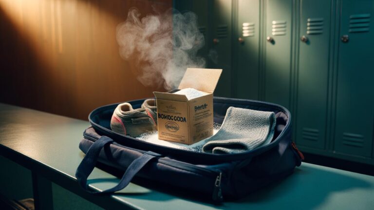Illustration of an open box of baking soda inside a gym bag to absorb sweat odour