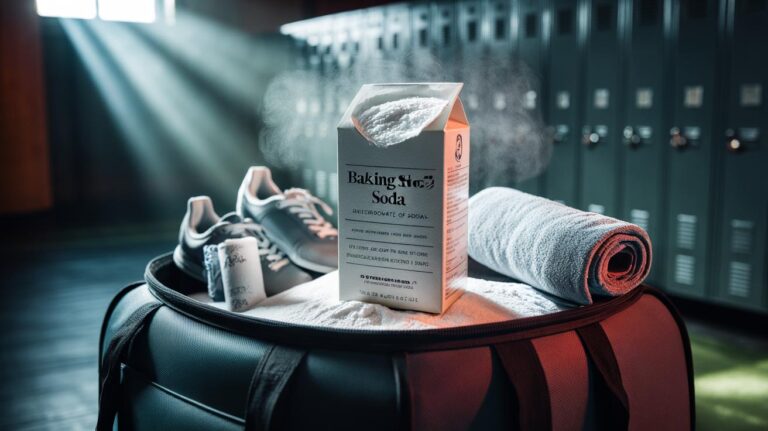 Illustration of an open box of baking soda placed inside a gym bag to absorb sweat odours