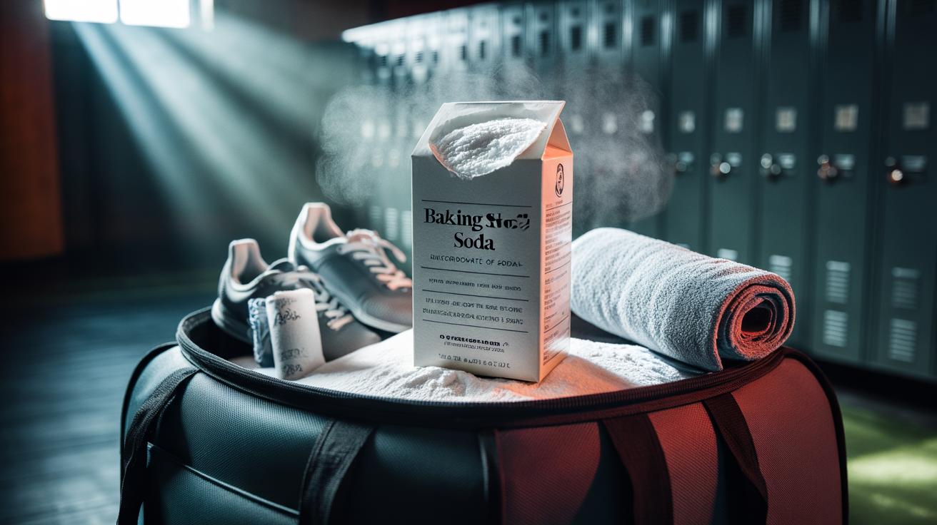 Illustration of an open box of baking soda placed inside a gym bag to absorb sweat odours