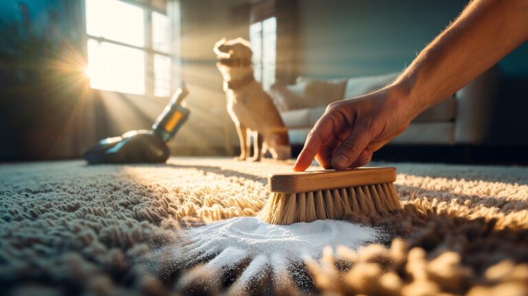 Illustration of baking soda powder being brushed into deep carpet fibres to neutralise pet odours before vacuuming