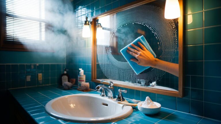 Illustration of a person buffing a bathroom mirror with a microfibre cloth after applying a thin baking soda paste to prevent fog and condensation