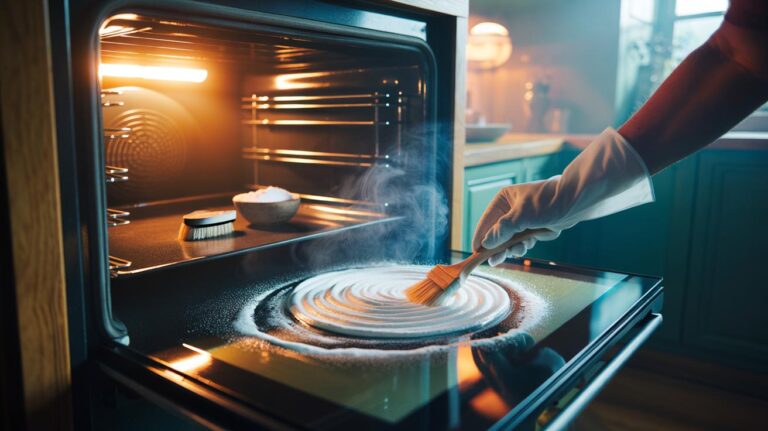 Illustration of baking-soda paste being applied to an oven interior to neutralise acidic fumes and remove odours