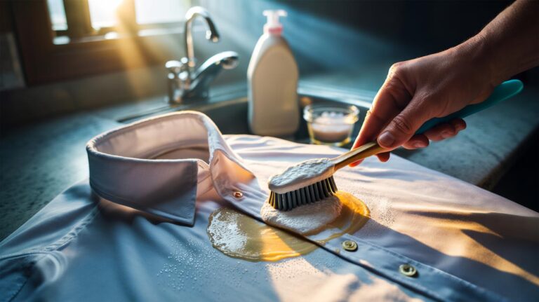 Illustration of baking soda paste being gently applied to a damp shirt collar to remove ring-around-the-collar sweat stains