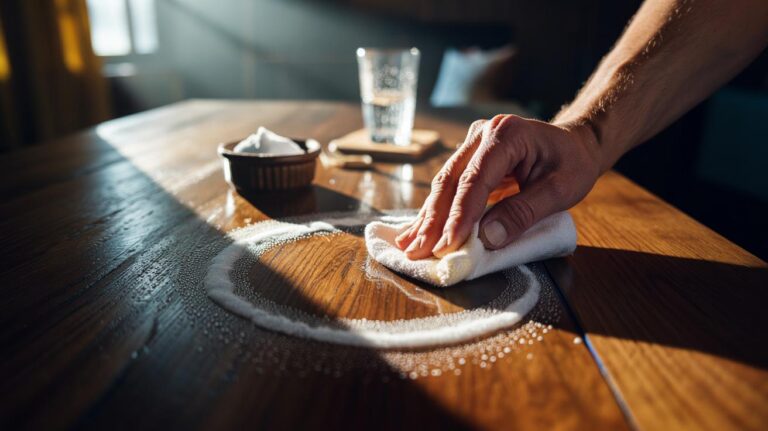 Illustration of a hand applying baking soda paste with a soft cloth to a white water ring on a wooden table, the gentle fizz lifting trapped moisture.