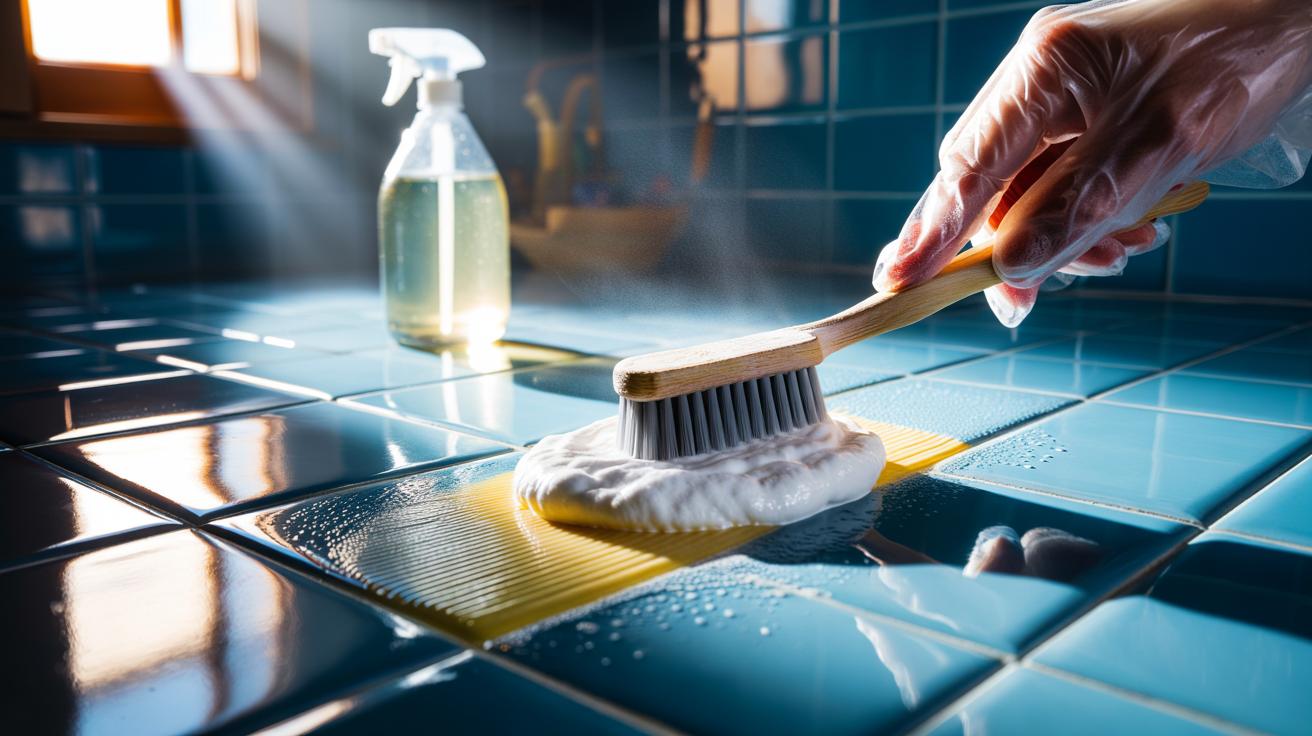 Illustration of baking soda paste being applied with a toothbrush to yellowed grout lines to restore them to white