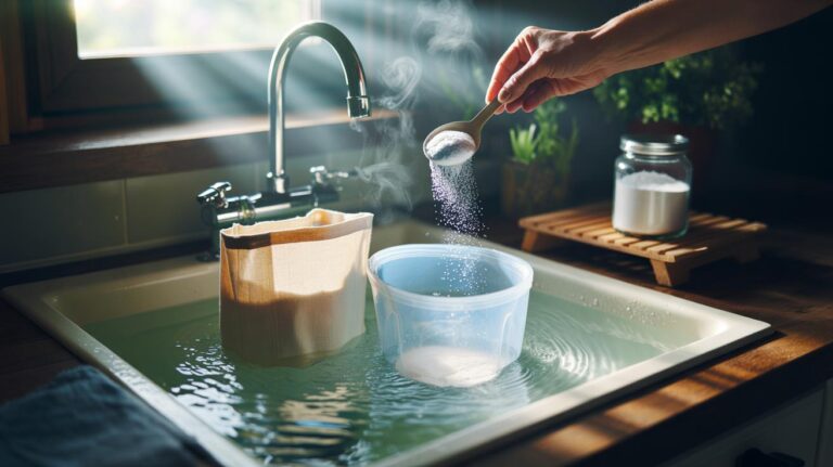 Illustration of reusable shopping bags being rinsed in a basin with a baking soda solution to remove lingering odours