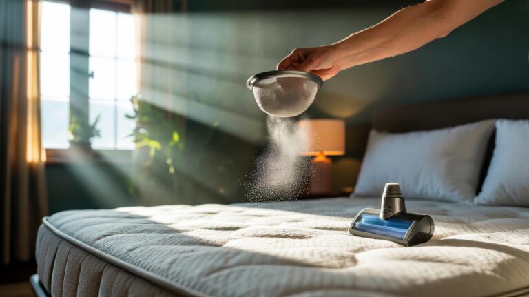 Illustration of baking soda being sprinkled onto a mattress to neutralise odours