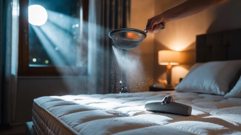 Illustration of a hand sprinkling bicarbonate of soda onto a stripped mattress for overnight odour removal