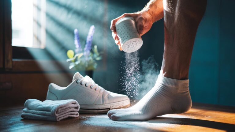 Illustration of a person lightly shaking bicarbonate of soda into socks and shoes to neutralise foot odour and absorb moisture