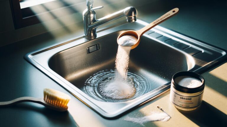 Illustration of a kitchen sink soak using bicarbonate of soda dissolved in warm alkaline water to neutralise odours