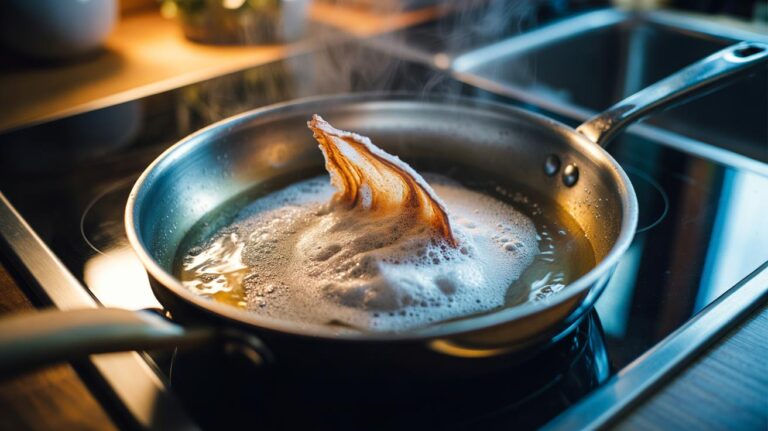 Illustration of a stainless steel pan soaking in hot water with baking soda, lifting burned-on grime