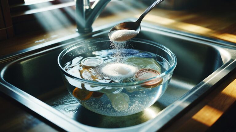 Illustration of lunch containers and lids soaking in an alkaline bicarbonate of soda solution to neutralise trapped odours